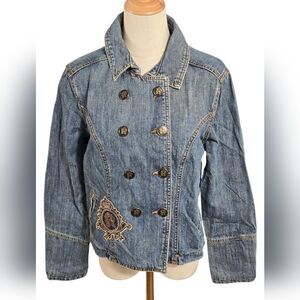 Express Vintage 90s Denim Double Breasted Patch Jacket